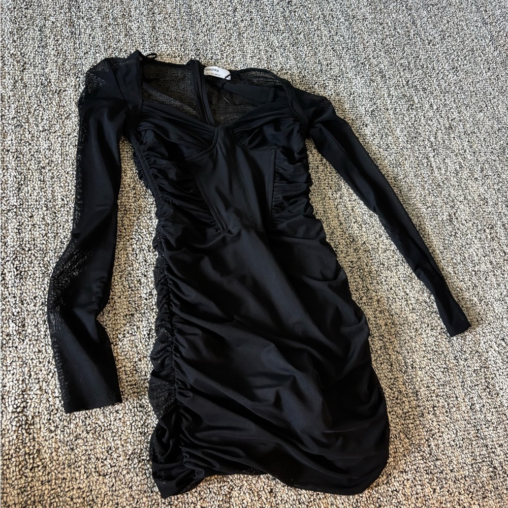 Bershka Black Ruched Bodycon Dress V-Neck Long Sleeve